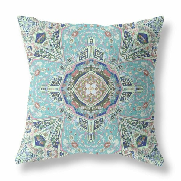 Homeroots 16 in. Floral Geo Indoor Outdoor Zippered Throw Pillow Aqua & Brown 417387